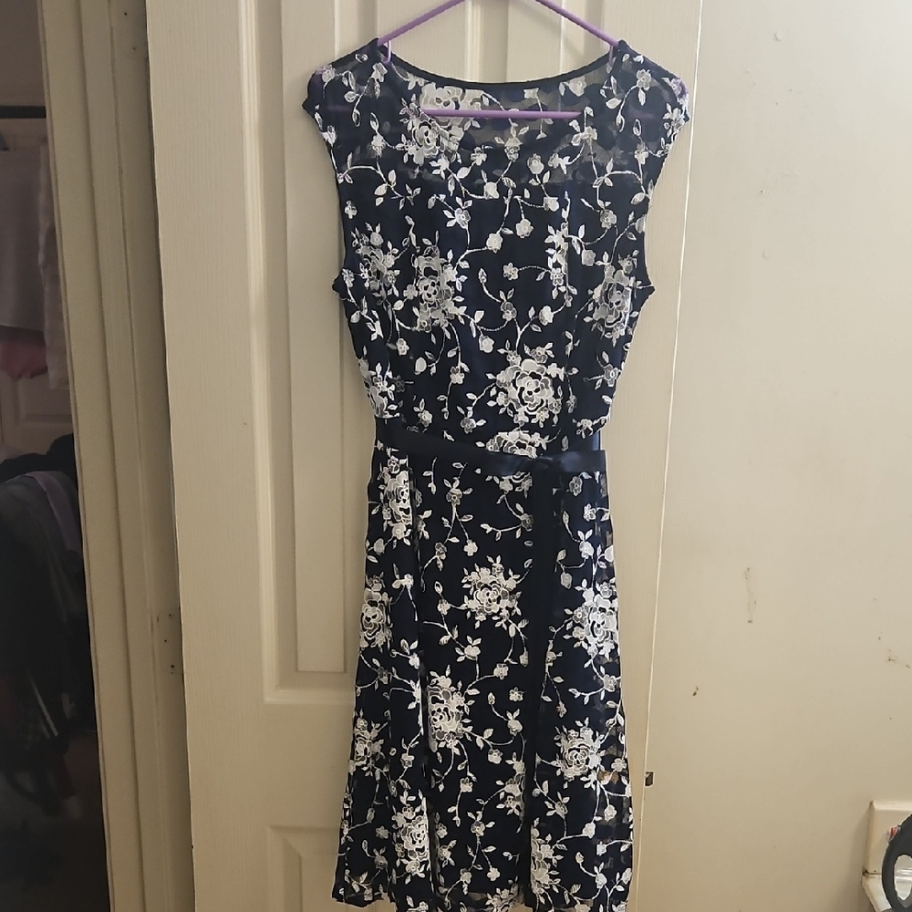 Candie's Blue and White Crew Neck Midi Dress